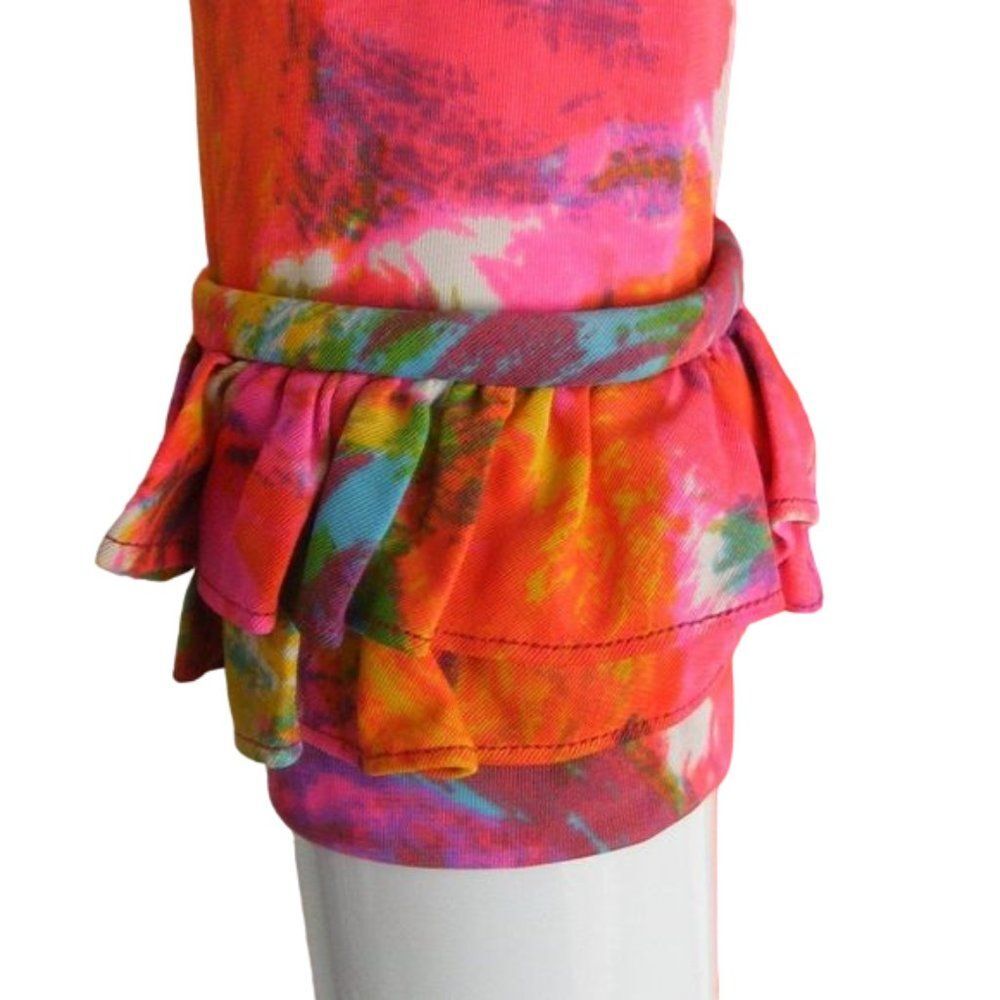 60's Vintage Dress, XS/S, Bright color, Ruffle neck/Cuffs, Abstract Floral - Picture 4 of 10